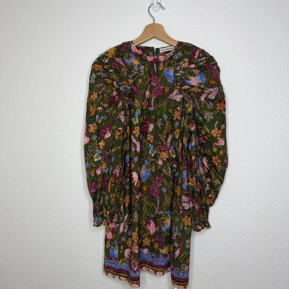 Ulla Johnson Green Devya Floral Print Ruffle Cotton Short Mini Dress - Picture 3 of 10